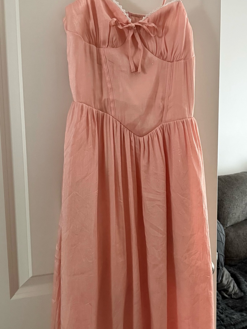 Light Peach Sleeveless Corset Style Midi Dress Lace Trim Lined NWOT